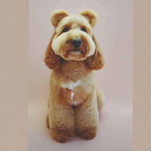 A cockapoo in a neat clipped trim against a plain backdrop
